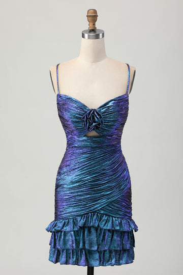 Metallic Blue Purple Bodycon Cut Out Ruffled Homecoming Dress